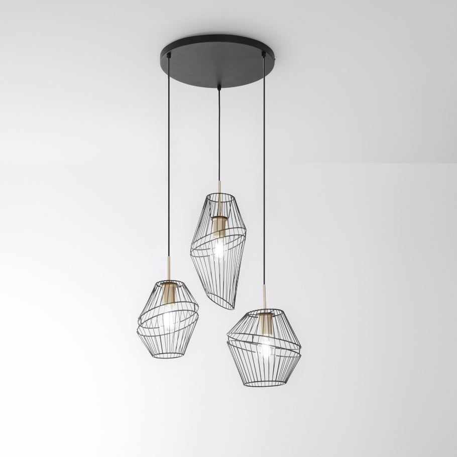 Sospensione 3 luci forma gabbietta in metallo nero finitura oro satinato 3XE27 non incl. KIKO Sospensione 3 luci forma gabbietta in metallo nero finitura oro satinato 3XE27 non incl. KIKO
